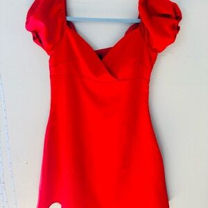 MAJORELLE Red Puff-Sleeve Mini Dress